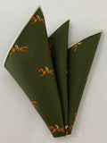 White & Brown on Olive Green Macclesfield Madder Printed Silk Pocket Square MMPP-161