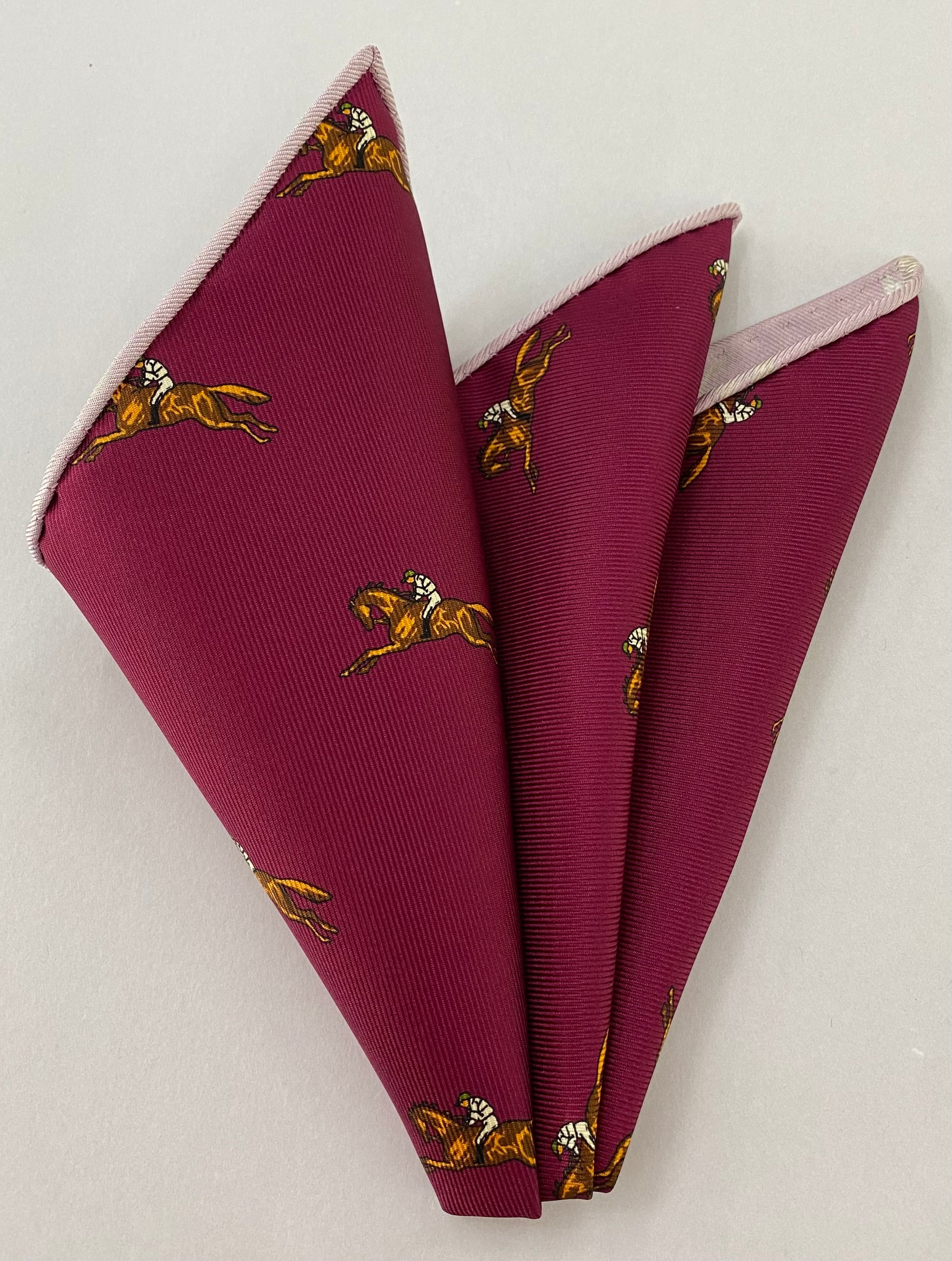 White & Brown on Dark Pink Macclesfield Madder Printed Silk Pocket Square MMPP-162