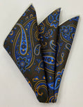 Light Blue & Blue on Dark Chocolate Modern Madder Macclesfield Printed Silk Pocket Square MMPP-95