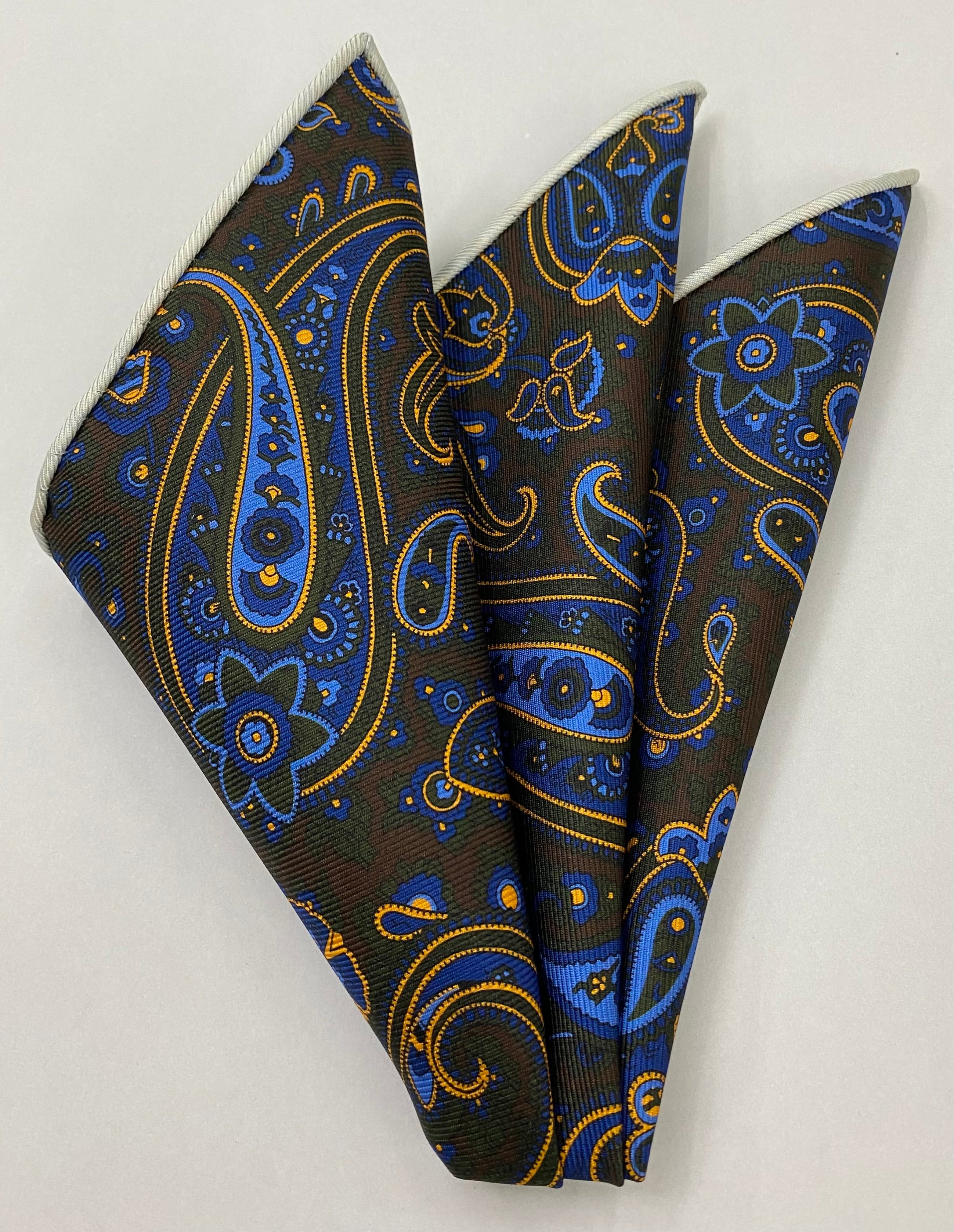 Light Blue & Blue on Dark Chocolate Modern Madder Macclesfield Printed Silk Pocket Square MMPP-95
