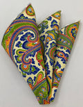Olive Green, Yellow & Navy on Cream Modern Madder Macclesfield Printed Silk Pocket Square MMPP-99