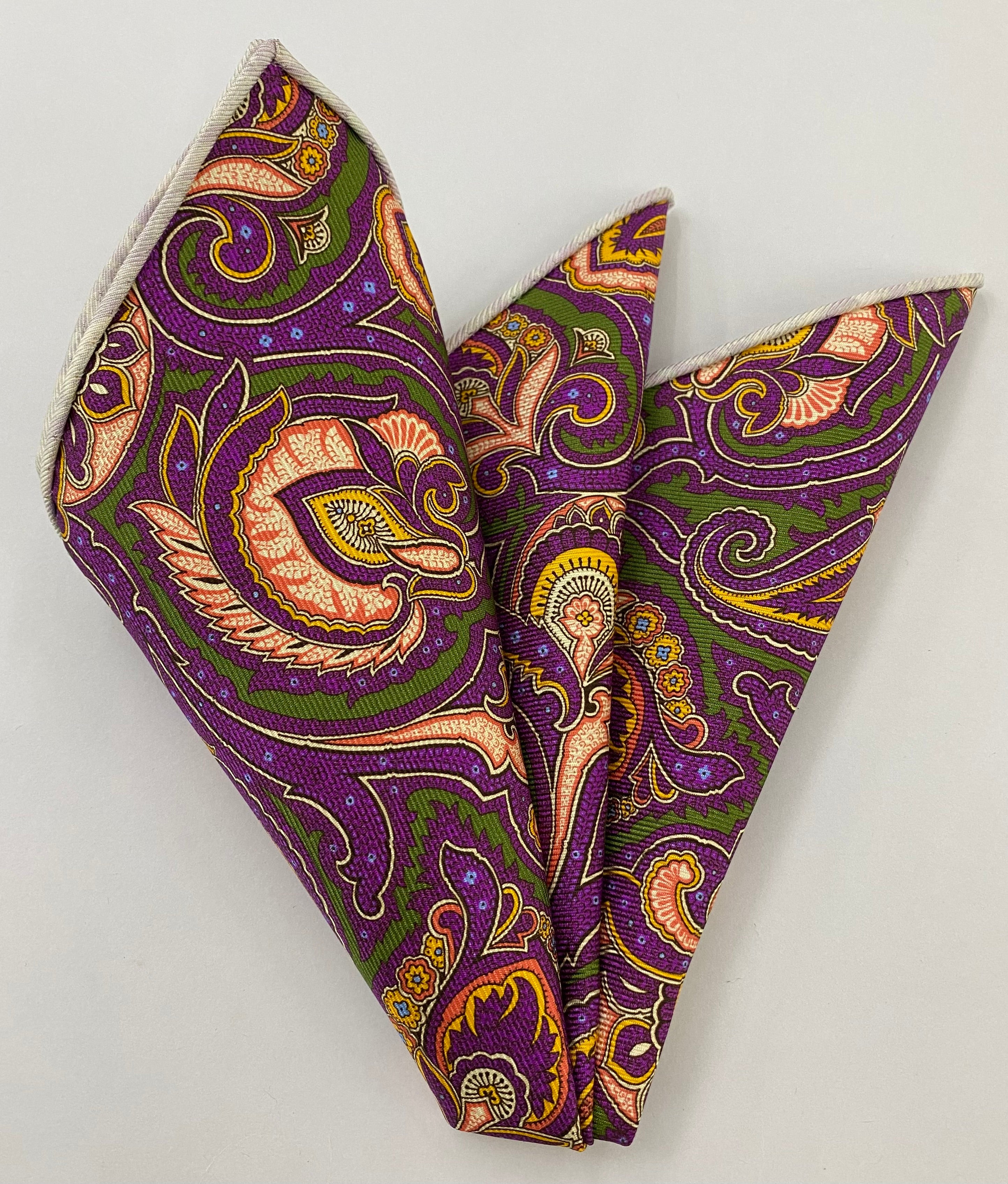 Olive Green & Pink on Purple Macclesfield Modern Madder Printed Silk Pocket Square MMPP-59