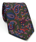 Orange, Light Blue & Gold on Dark Green Macclesfield Modern Madder Printed Silk Tie MMPT-202