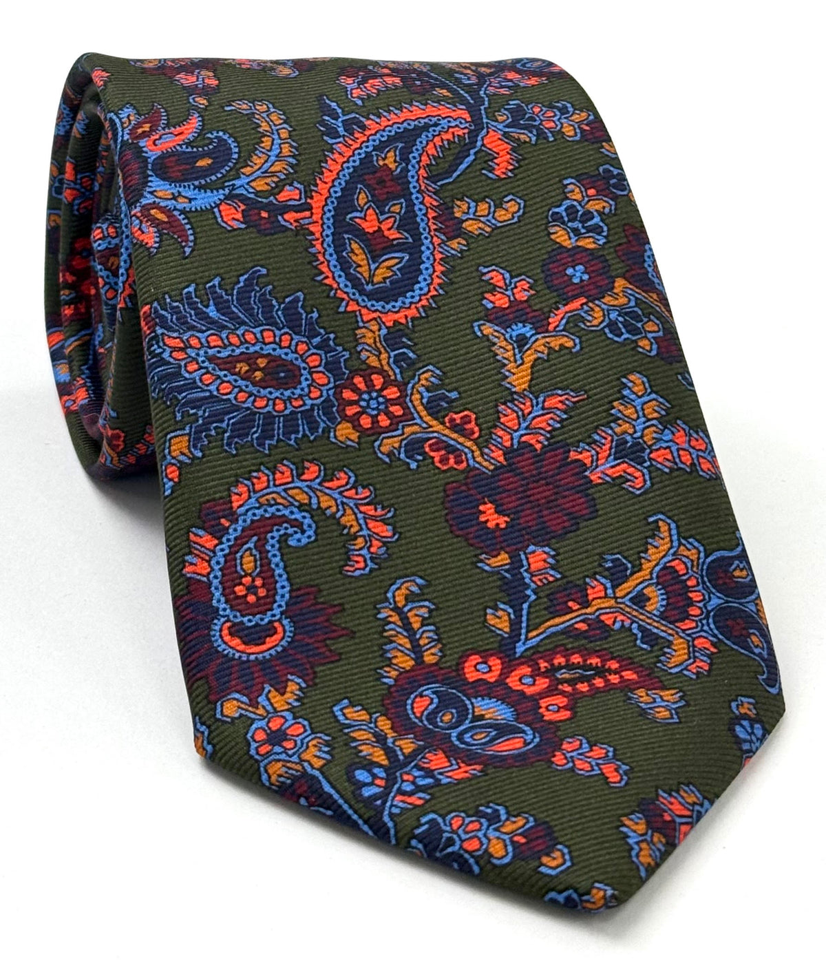 Orange, Light Blue & Gold on Dark Green Macclesfield Modern Madder Printed Silk Tie MMPT-202