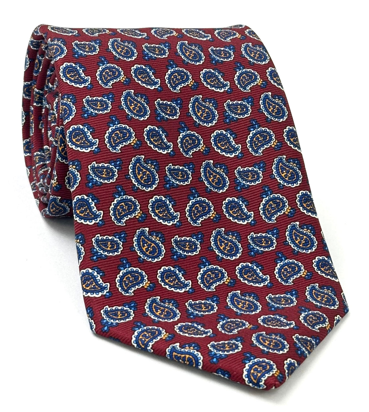 Navy, White & Yellow on Maroon Macclesfield Modern Madder Printed Silk Tie MMPT-210