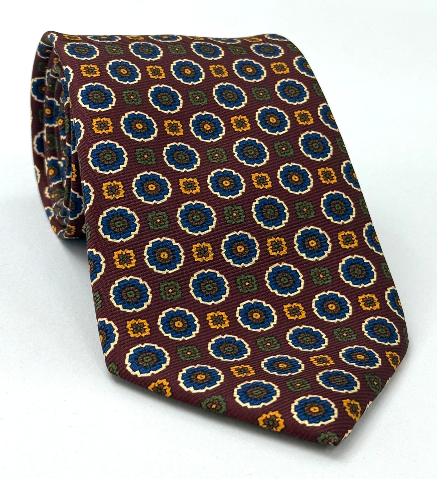 Blue, White, Yellow & Dark Green on Chocolate Macclesfield Modern Madder Printed Silk Tie MMPT-237