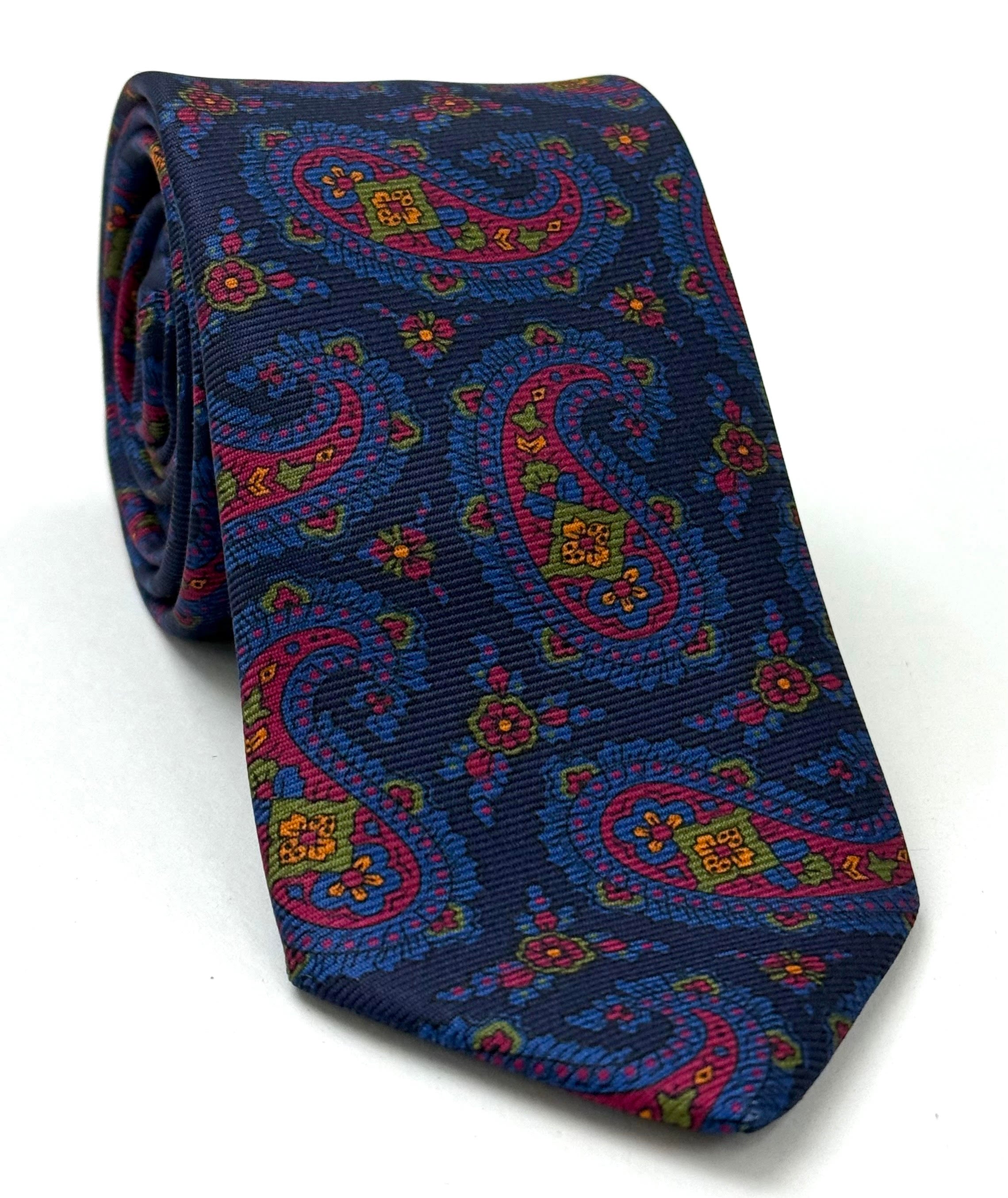 Light Blue & Pink on Navy Macclesfield Modern Madder Printed Silk Tie MMPT-250