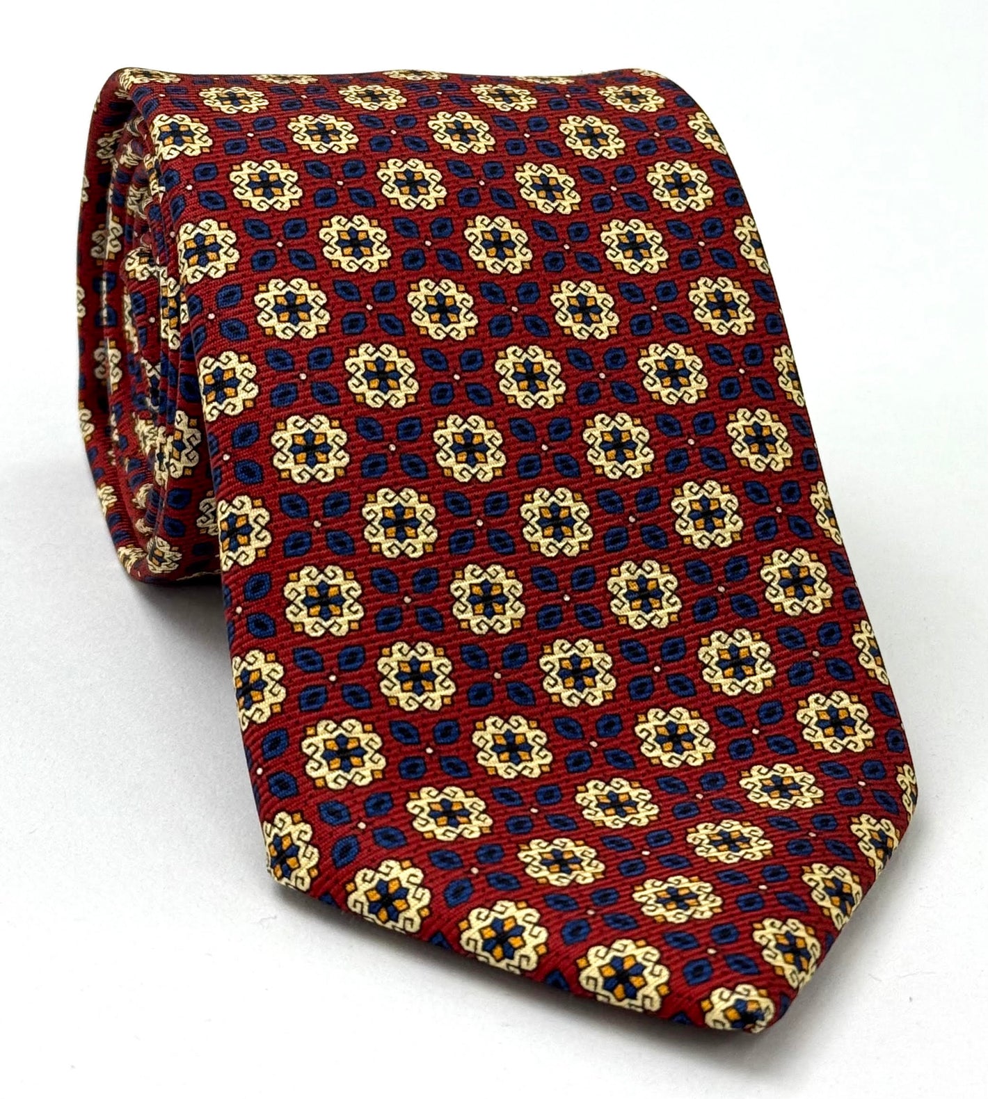 Cream, Blue & Black on Maroon Macclesfield Modern Madder Printed Silk Tie MMPT-253