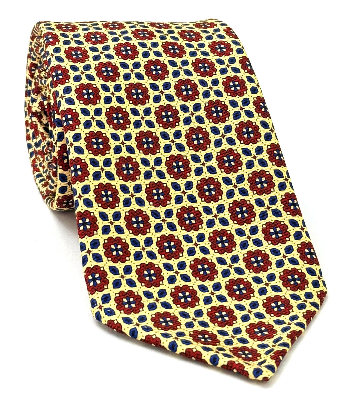 Dark Red, Navy Blue on Light Yellow Macclesfield Modern Madder Printed Silk Tie MMPT-255
