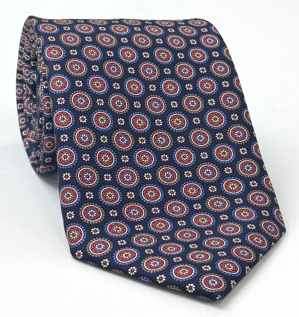 Red, White, Blue & Camel on Midnight Blue Macclesfield Modern Madder Printed Silk Tie MMPT-259