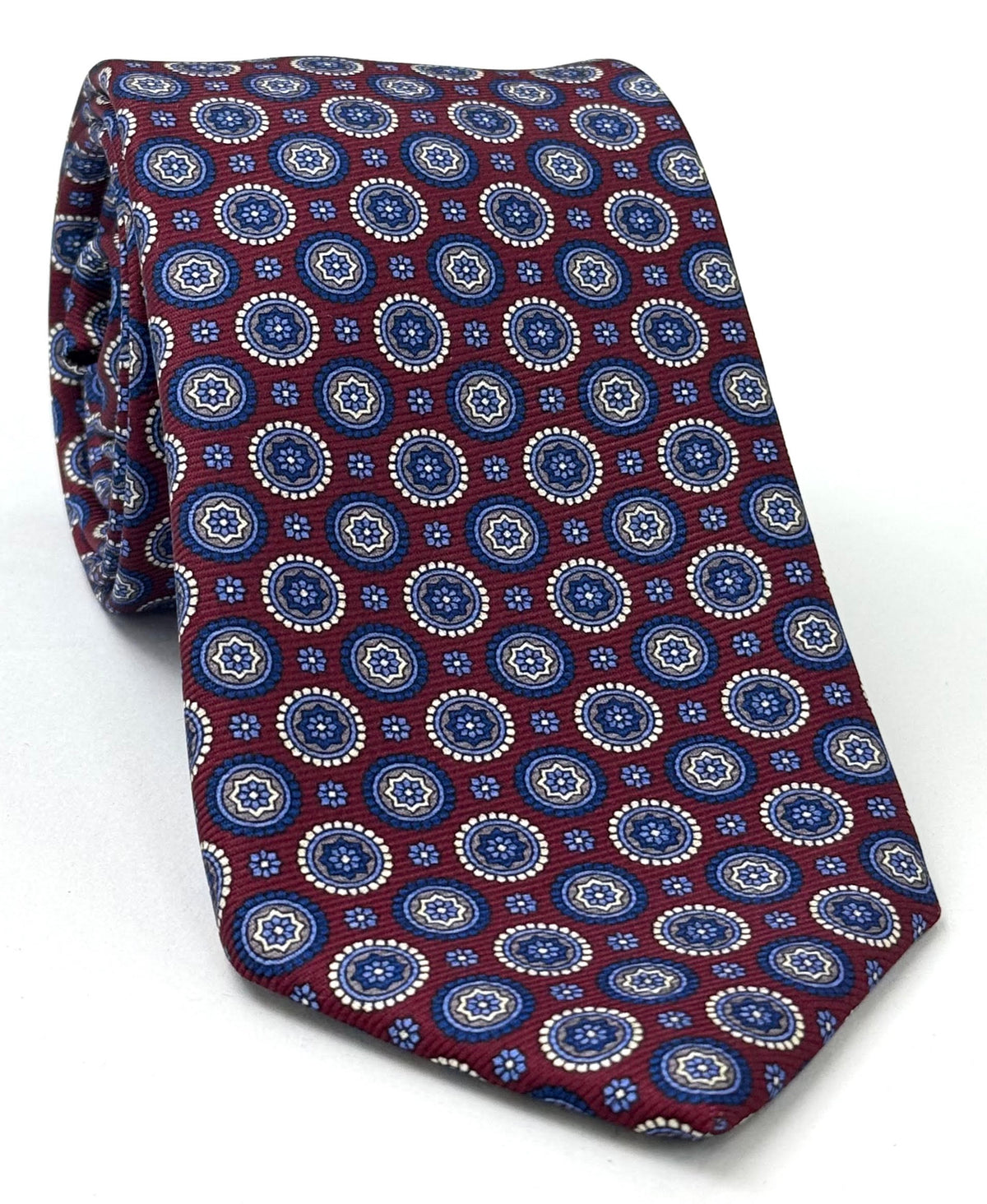 White, Navy Blue, & Sky Blue on Dark Red Macclesfield Modern Madder Printed Silk Tie MMPT-260