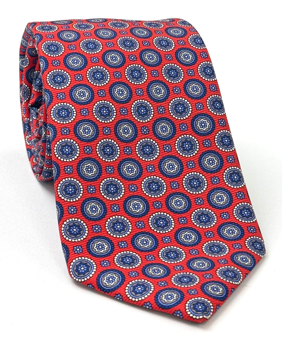 White, Navy Blue, Sky Blue & Charcoal Gray on Red Macclesfield Modern Madder Printed Silk Tie MMPT-262