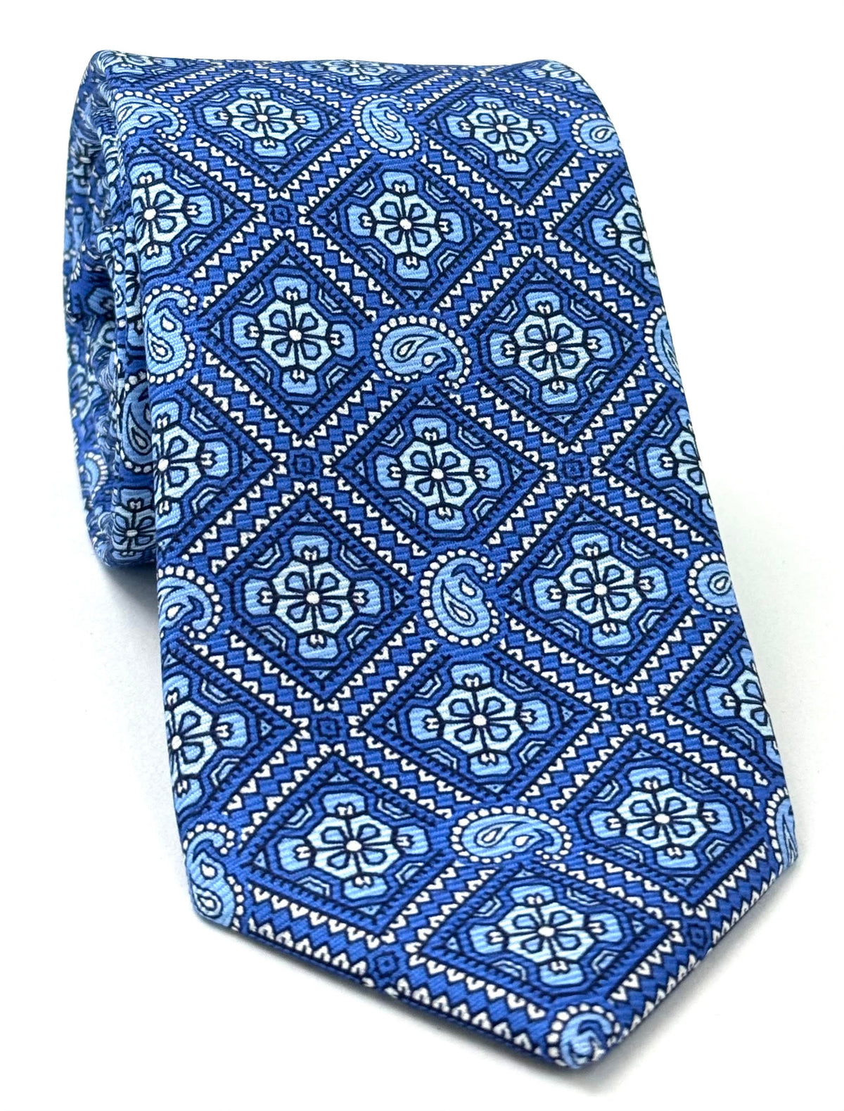 White, Sky Blue & Powder Blue on Purple/Blue Macclesfield Modern Madder Printed Silk Tie MMPT-264