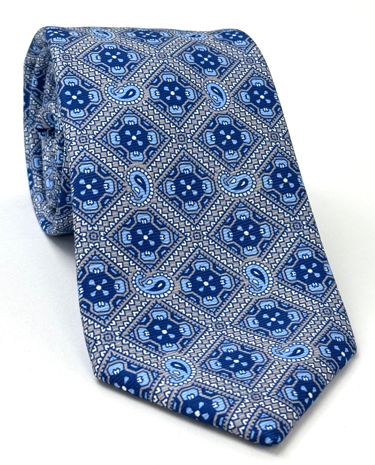Sky Blue, Navy Blue & White on Light Gray Macclesfield Modern Madder Printed Silk Tie MMPT-265