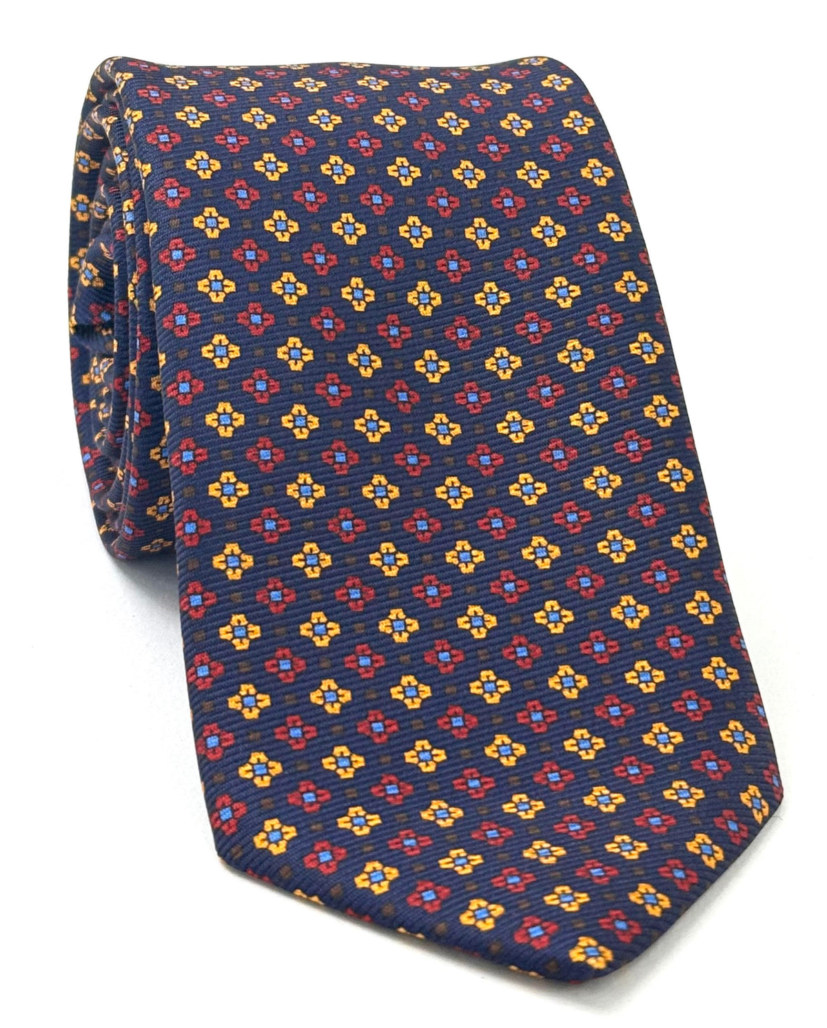 Yellow/Gold, Red, Sky Blue & Brown on Dark Midnight Blue Macclesfield Modern Madder Printed Silk Tie MMPT-267