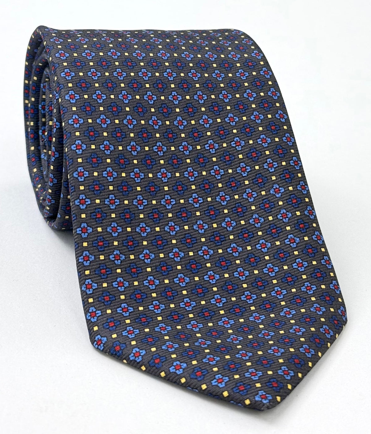 Sky Blue, Navy Blue, Red & Light Yellow on Charcoal Gray Macclesfield Modern Madder Printed Silk Tie MMPT-270