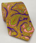 Light Green, Pink & Violet on Yellow Macclesfield Modern Madder Printed Silk Tie MMPT-63