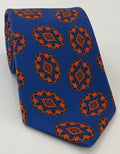 Navy & Orange on Blue Macclesfield Modern Madder Printed Silk Tie MMPT-69
