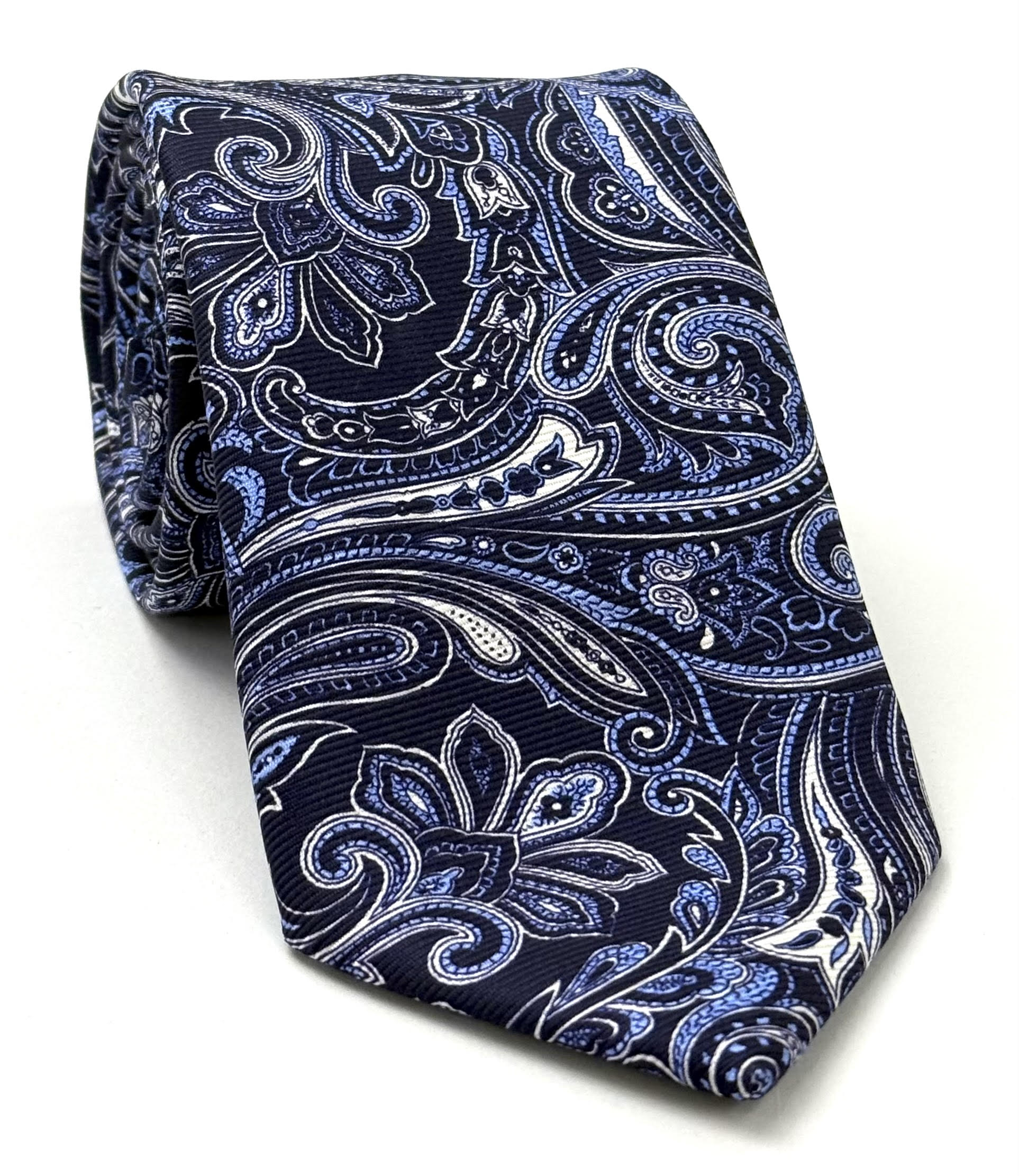 White, Light Blue & Blue on Dark Navy Blue Macclesfield Modern Madder Printed Silk Tie MMPT-72