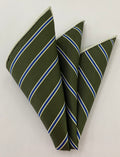 White & Blue on Olive Green Modern Madder Print Stripe Silk Pocket Square MMSP-14