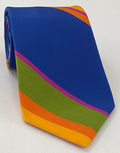 Dark Pink, Olive Green, Orange & Yellow on Blue Modern Madder Print Stripe Silk Tie MMST-11