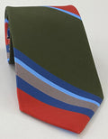 Light Blue, Gray & Red on Dark Green Modern Madder Print Stripe Silk Tie MMST-12