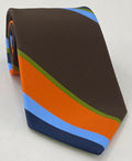 Olive Green, Orange, Light Blue & Navy on Dark Chocolate Modern Madder Print Stripe Silk Tie MMST-13