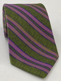 Purple & Blue on Olive Green Modern Madder Print Stripe Silk Tie MMST-7