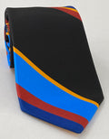 Yellow, Light Blue, Maroon & Blue on Black Modern Madder Print Stripe Silk Tie MMST-9