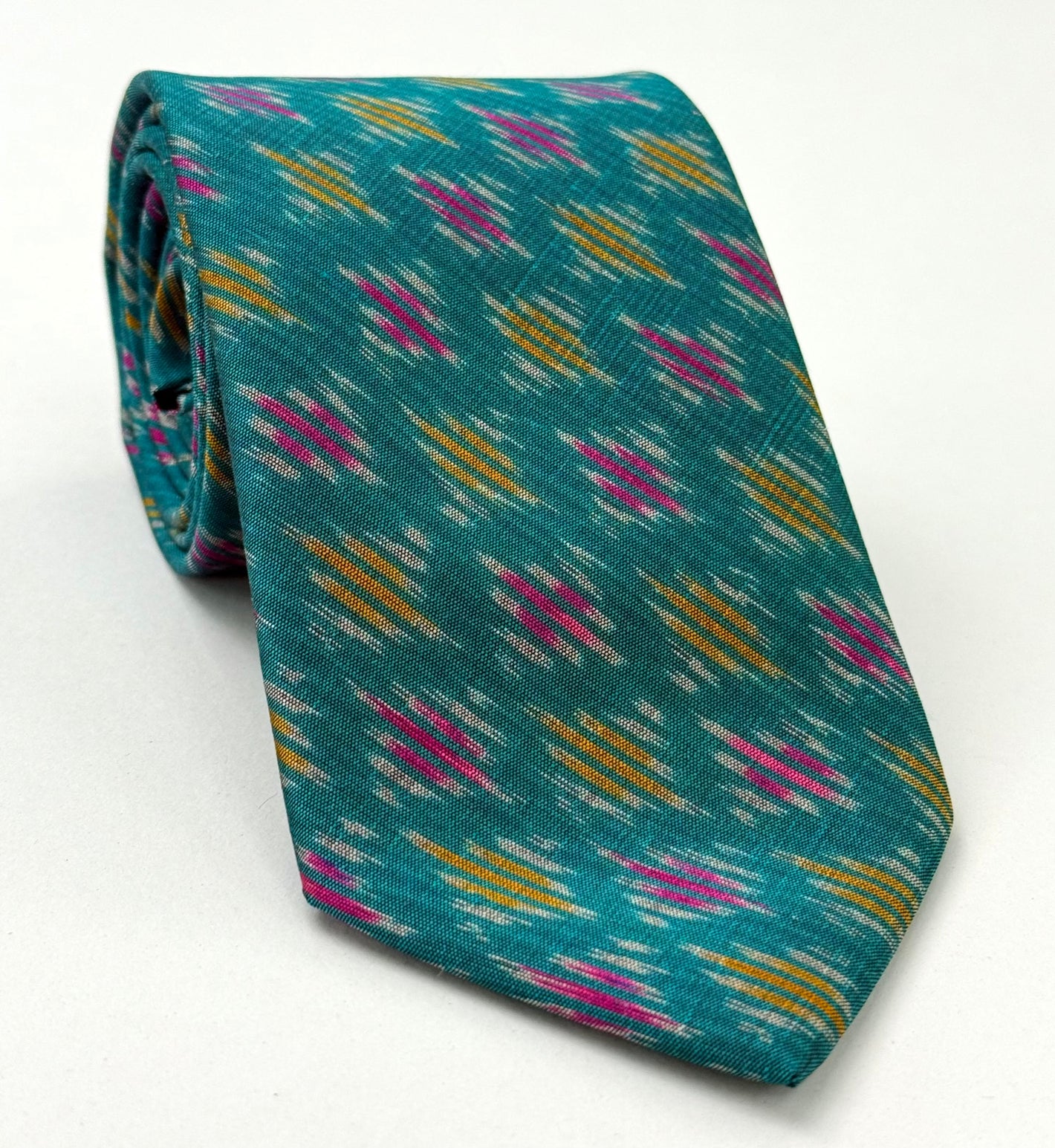 Yellow, Pink & White on Ocean Green Mudmee Silk Tie MUT-40