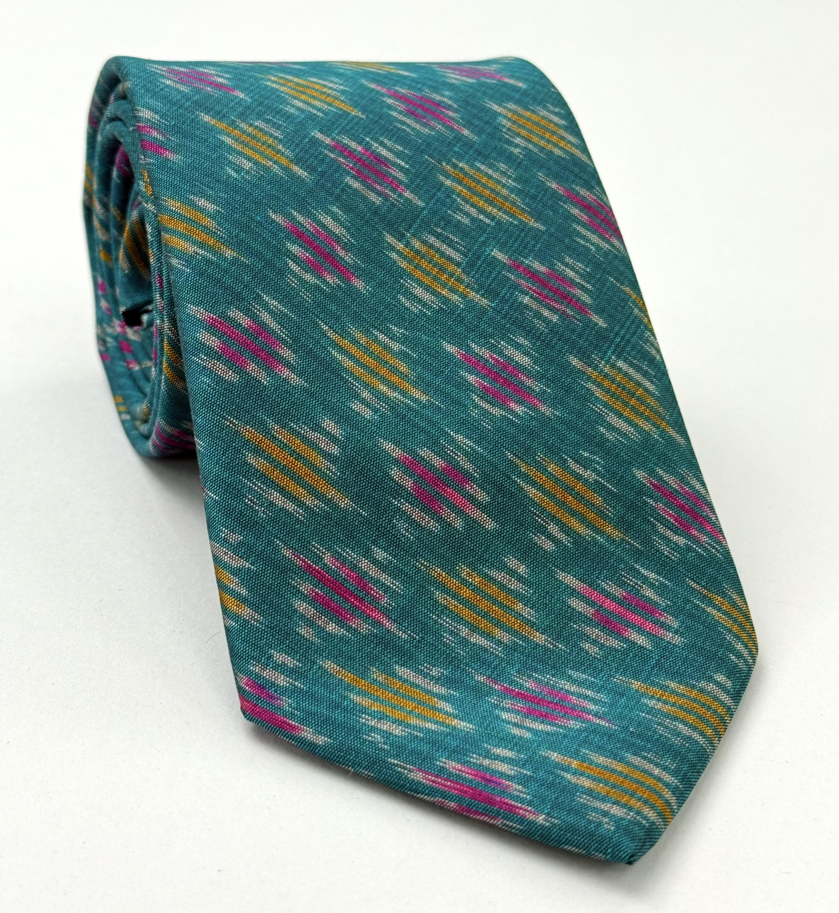 [Yellow, Pink & White on Ocean Green Mudmee Silk Tie MUT-40]