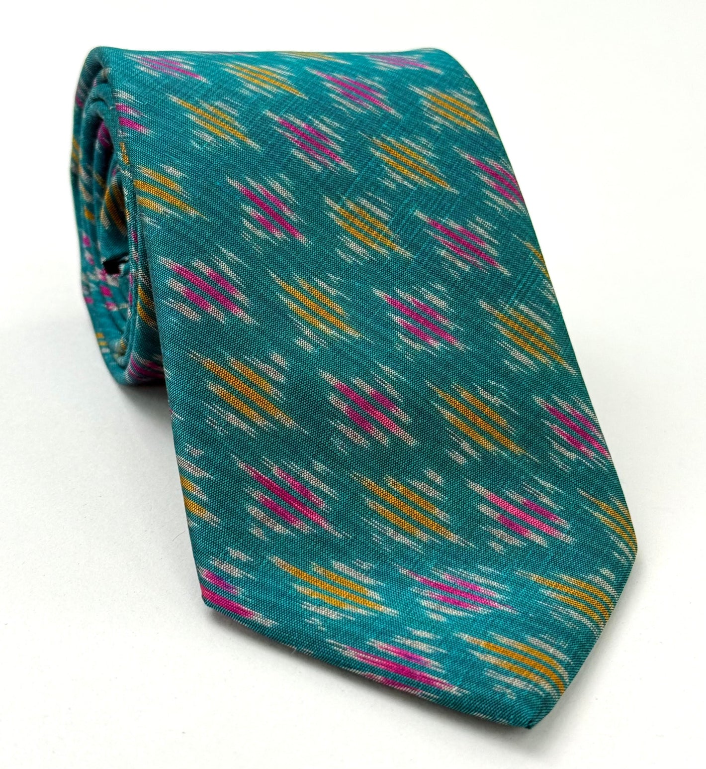 Yellow, Pink & White on Ocean Green Mudmee Silk Tie MUT-40