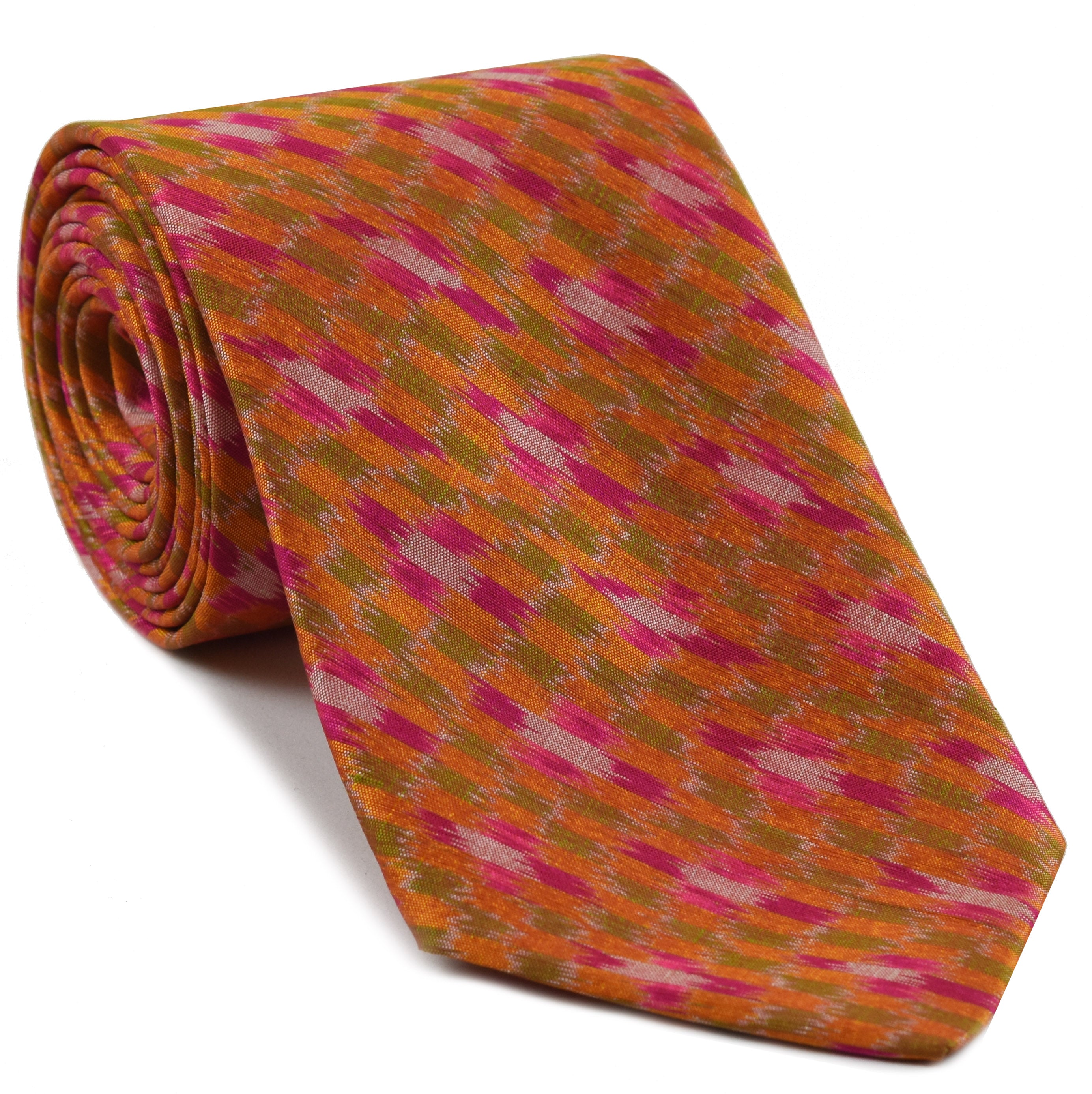 {[en]:Fuchsia / Orange / Yellow Gold & White Mudmee Silk Tie
