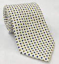 Dark Gold, Navy Blue & Sky Blue on White Macclesfield Print Pattern Silk Tie MCT-490