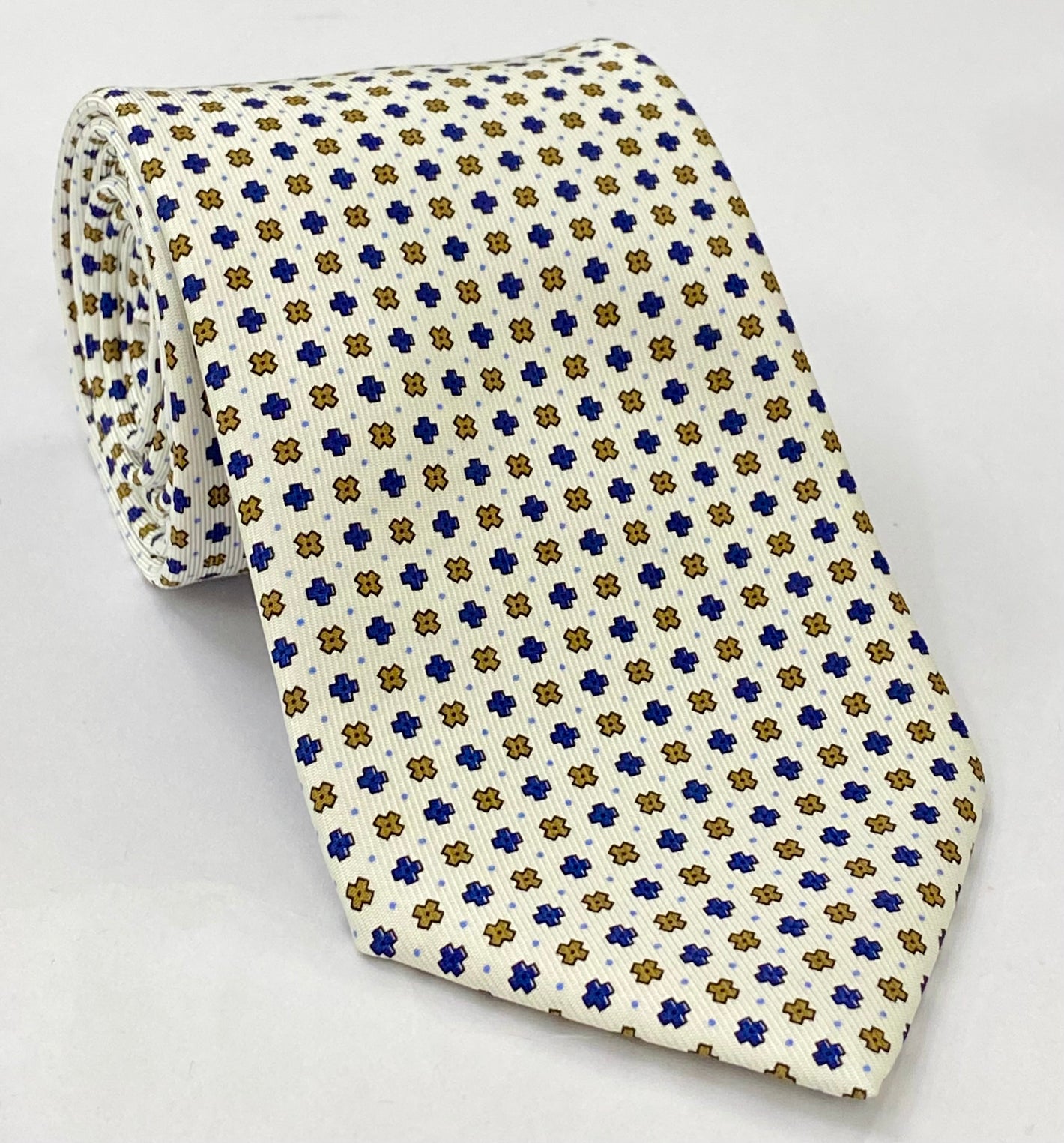 Dark Gold, Navy Blue & Sky Blue on White Macclesfield Print Pattern Silk Tie MCT-490