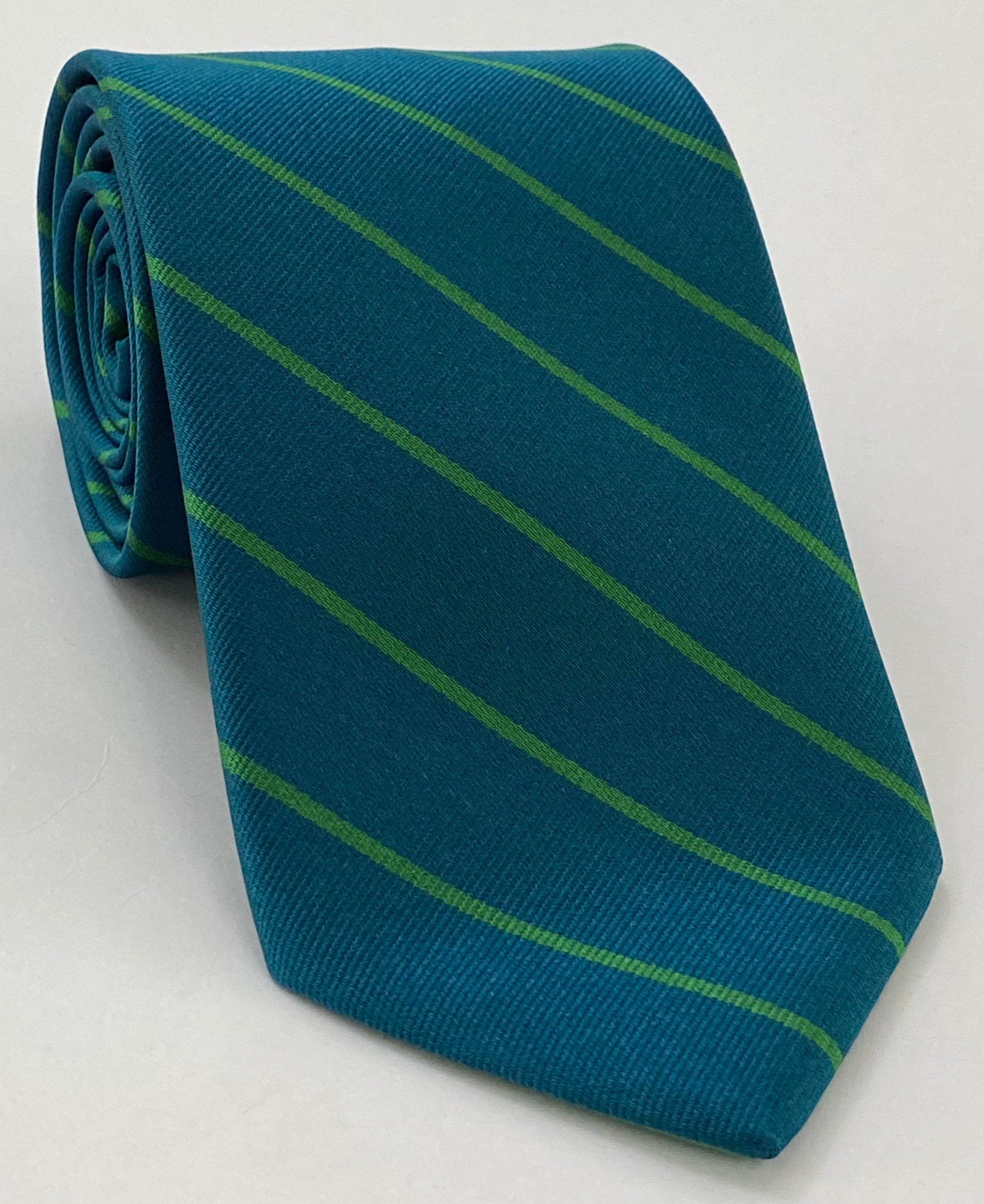Aldronian - Old Boys Silk Tie OBT-2 Lime Green on Dark Turquoise.