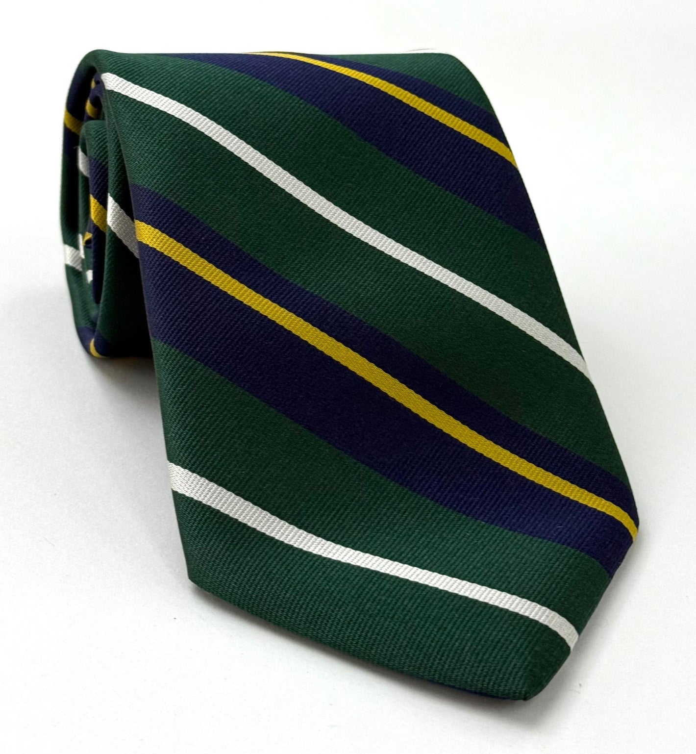 더럼 - 올드 보이 실크 타이 OBT-6 - 오프화이트, 포레스트 그린 & 옐로우 골드 (다크 네이비 블루)