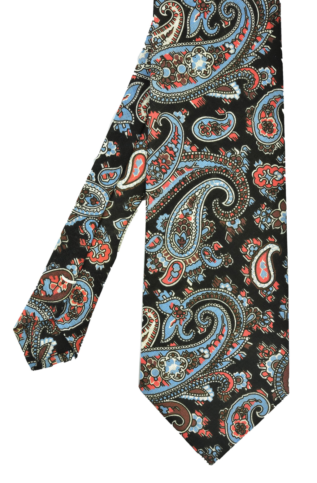 Sky Blue, Chocolate, Salmon & Off-White on Midnight Blue Paisley Print Pattern Linen Tie PLT-2