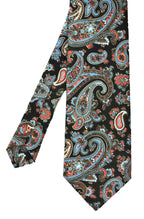 Sky Blue, Chocolate, Salmon & Off-White on Midnight Blue Paisley Print Pattern Linen Tie PLT-2