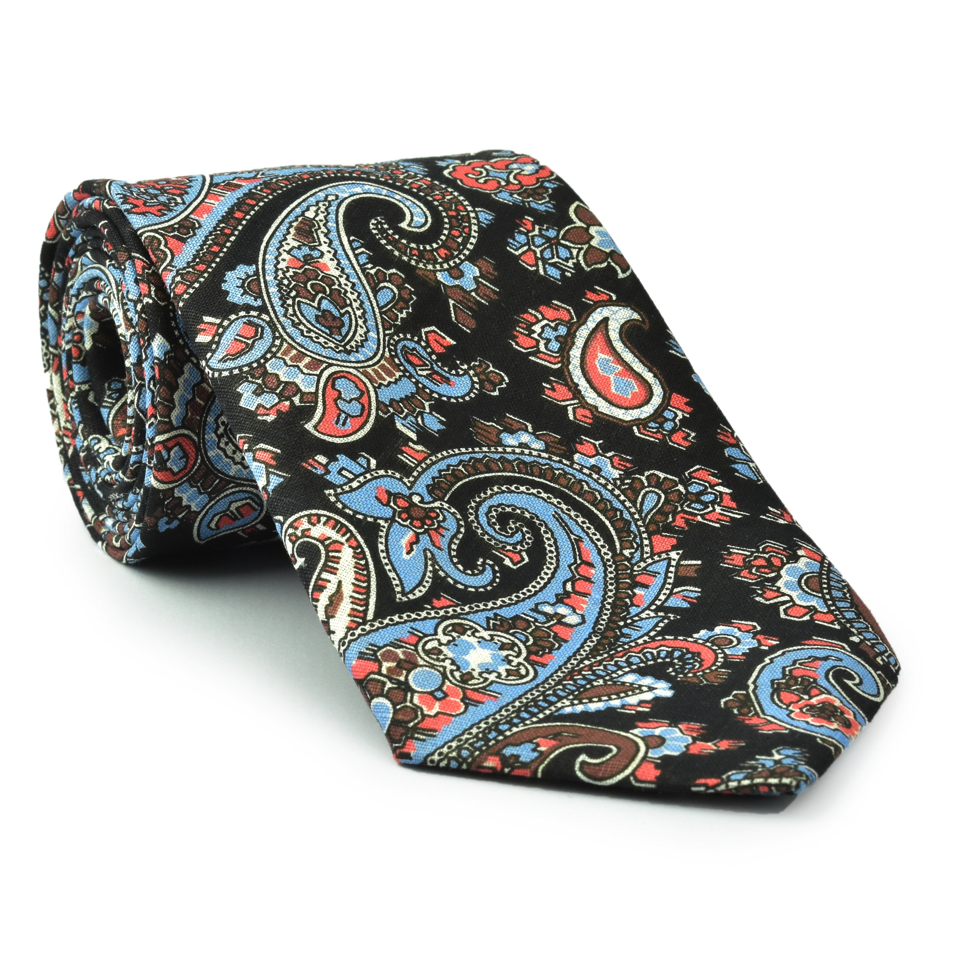 Sky Blue, Chocolate, Salmon & Off-White on Midnight Blue Paisley Print Pattern Linen Tie PLT-2