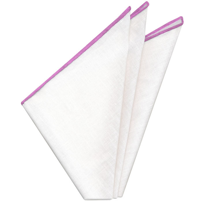 White with Fuchsia Contrast Edges Belgian Linen Pocket Square