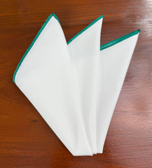 Bright White Oxford Cotton With Green Contrast Edges Pocket Square #RCP-3