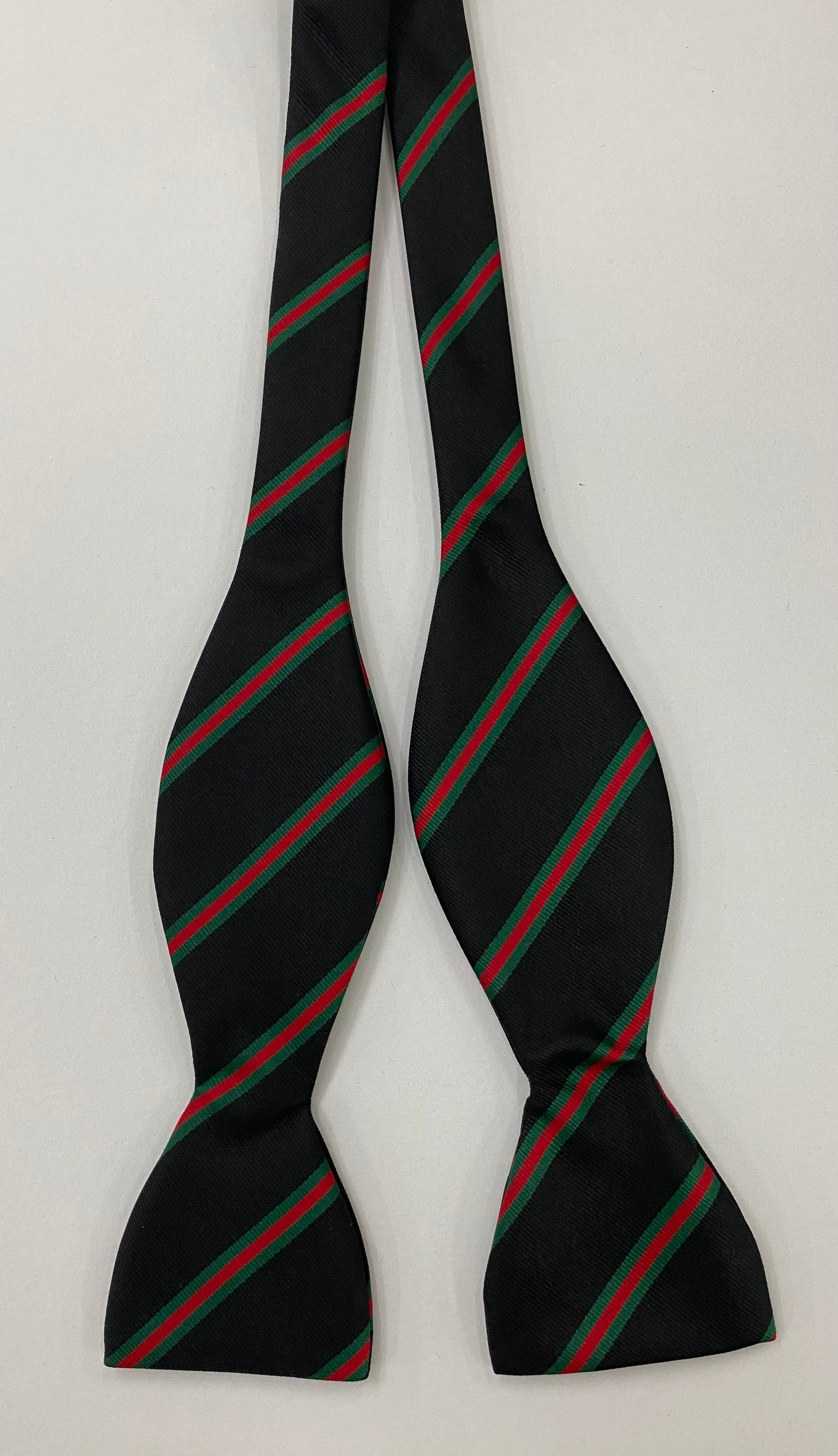 12th London Regiment Stripe Silk Bow Tie #RGBT-23 - Dark Forest Green & Red on Black