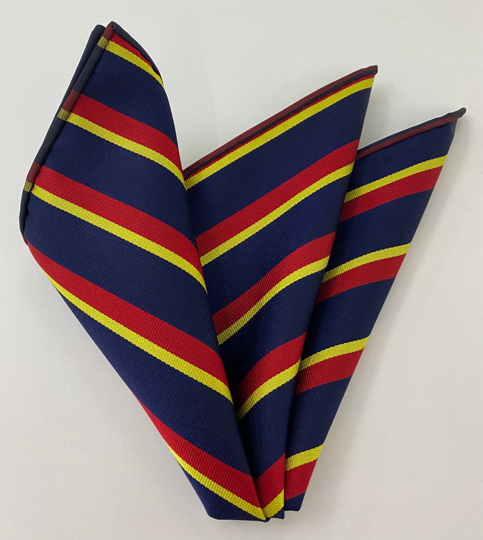 ロージアン・アンド・ボーダー ホース ストライプ シルク ポケットスクエア #RGP-13 - コーンイエロー＆レッド ダークネイビーブルー地