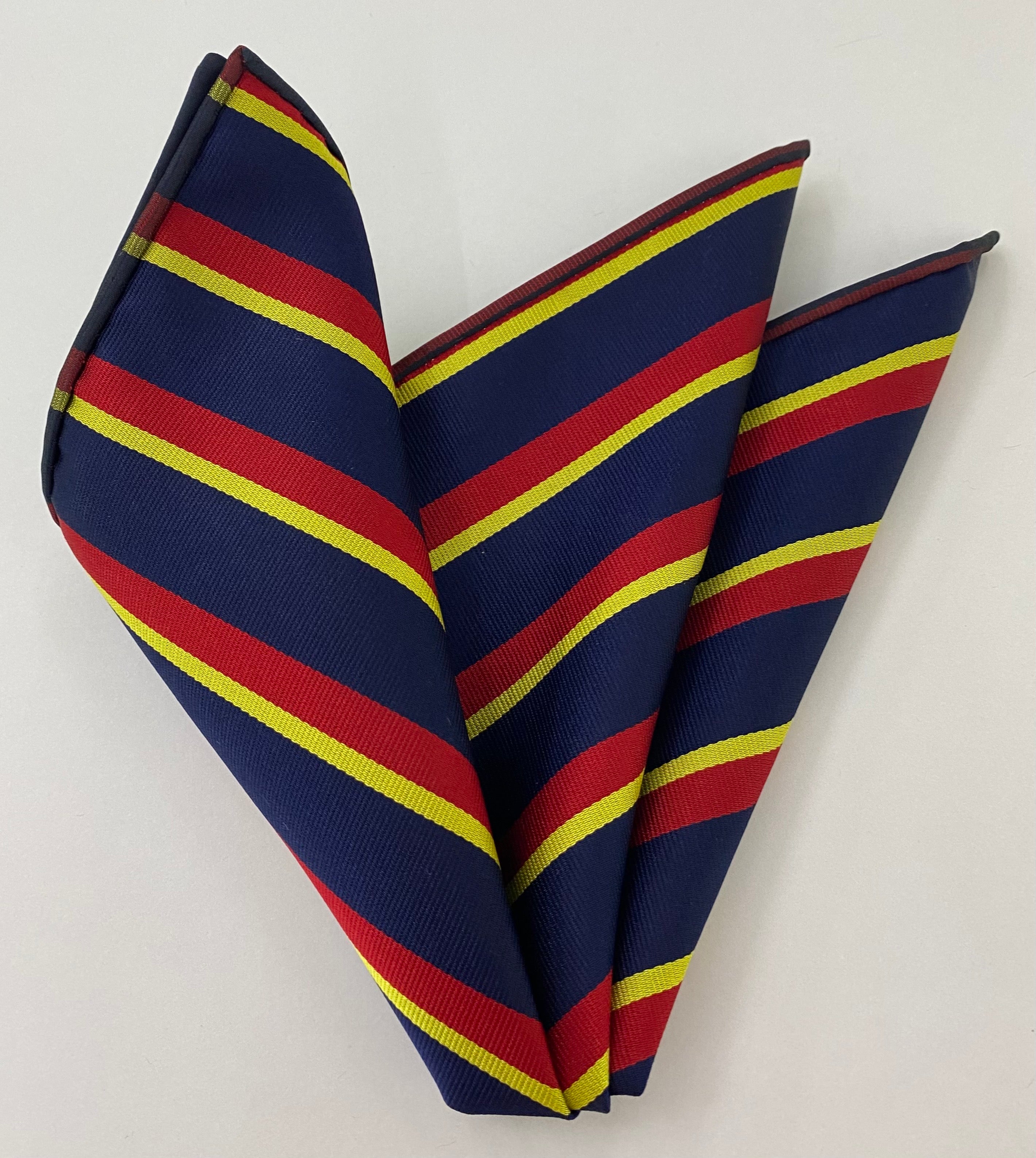 로디언 앤 보더 호스 스트라이프 실크 포켓 스퀘어 #RGP-13 - 짙은 네이비 블루 바탕의 콘 옐로우 & 레드