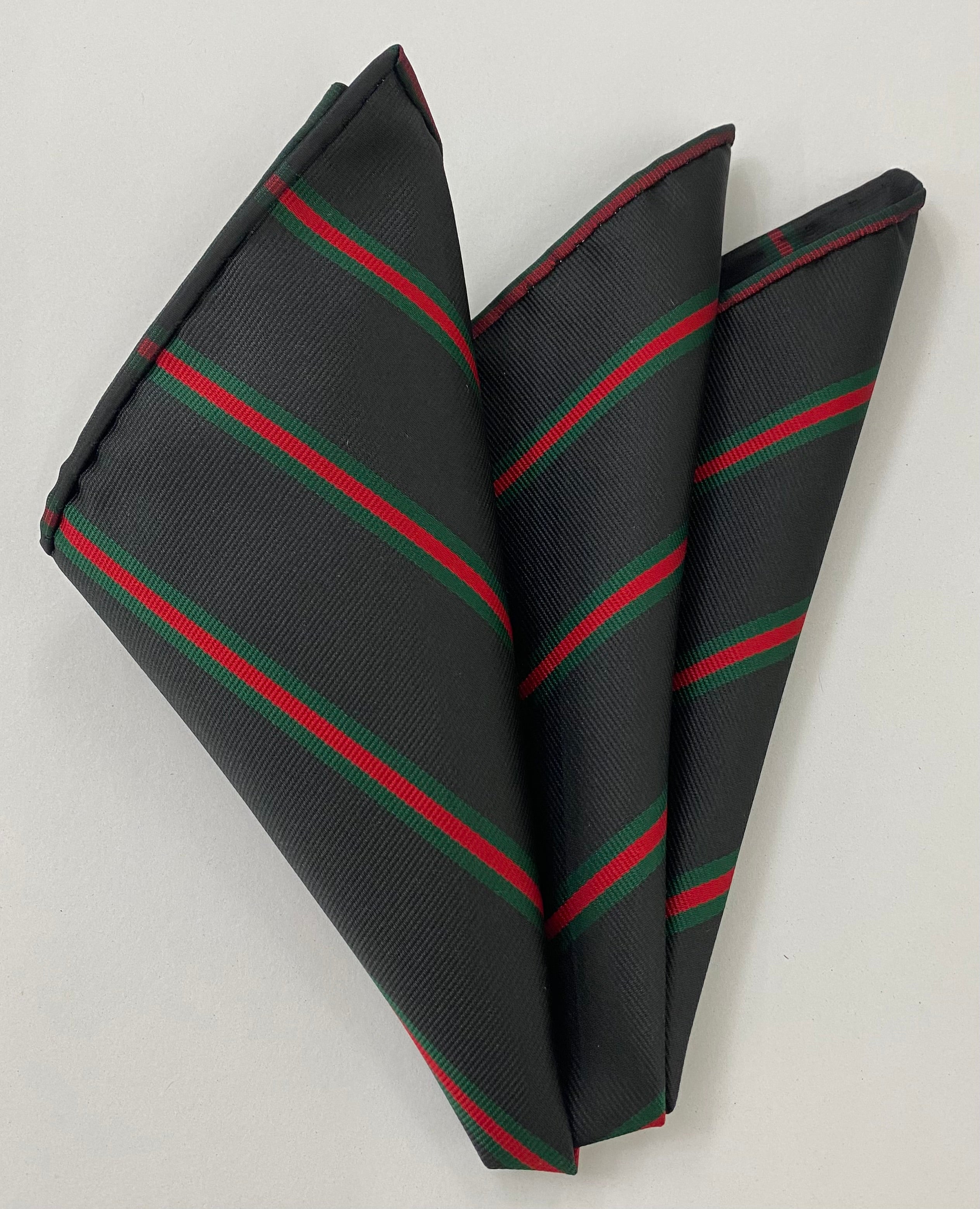12th London Regiment Stripe Silk Pocket Square #RGP-23 - Dark Forest Green & Red on Black