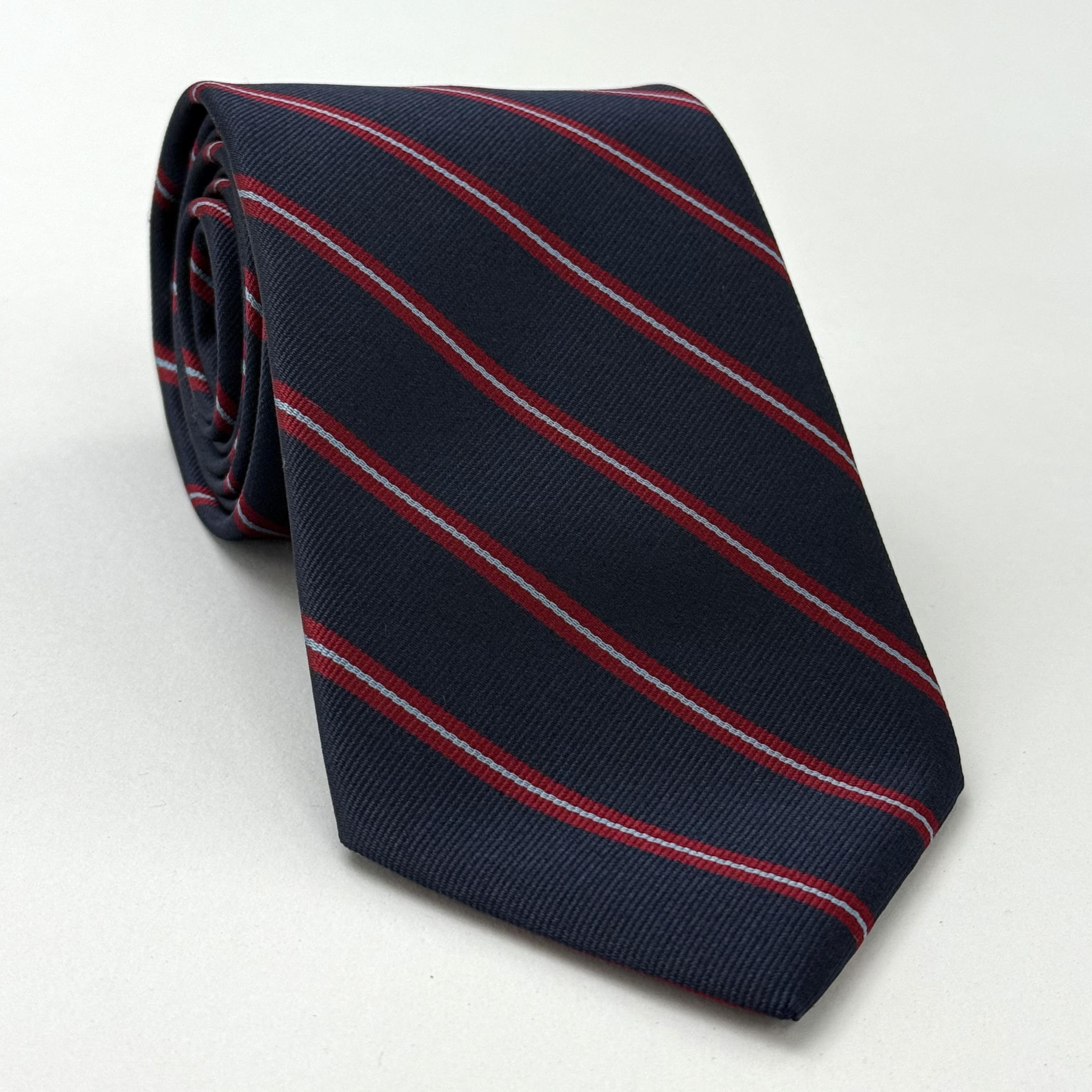 インド陸軍兵站隊ストライプシルクタイ RGT-21 パウダーブルー＆ダークレッド（ミッドナイトブルー地）