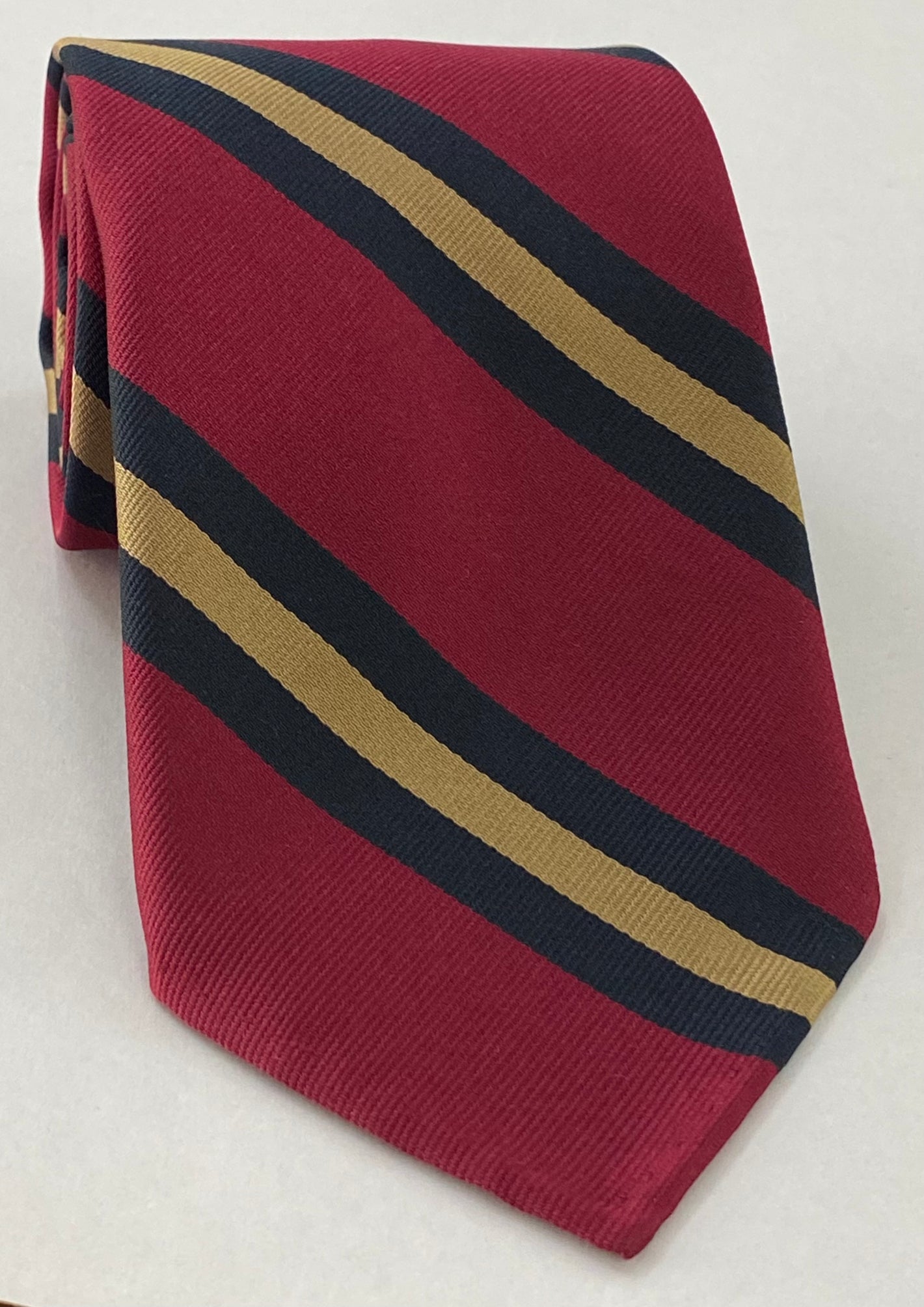 Wiltshire Regiment Stripe Silk Tie RGT-45 Tan & Midnight Blue on Dark Red