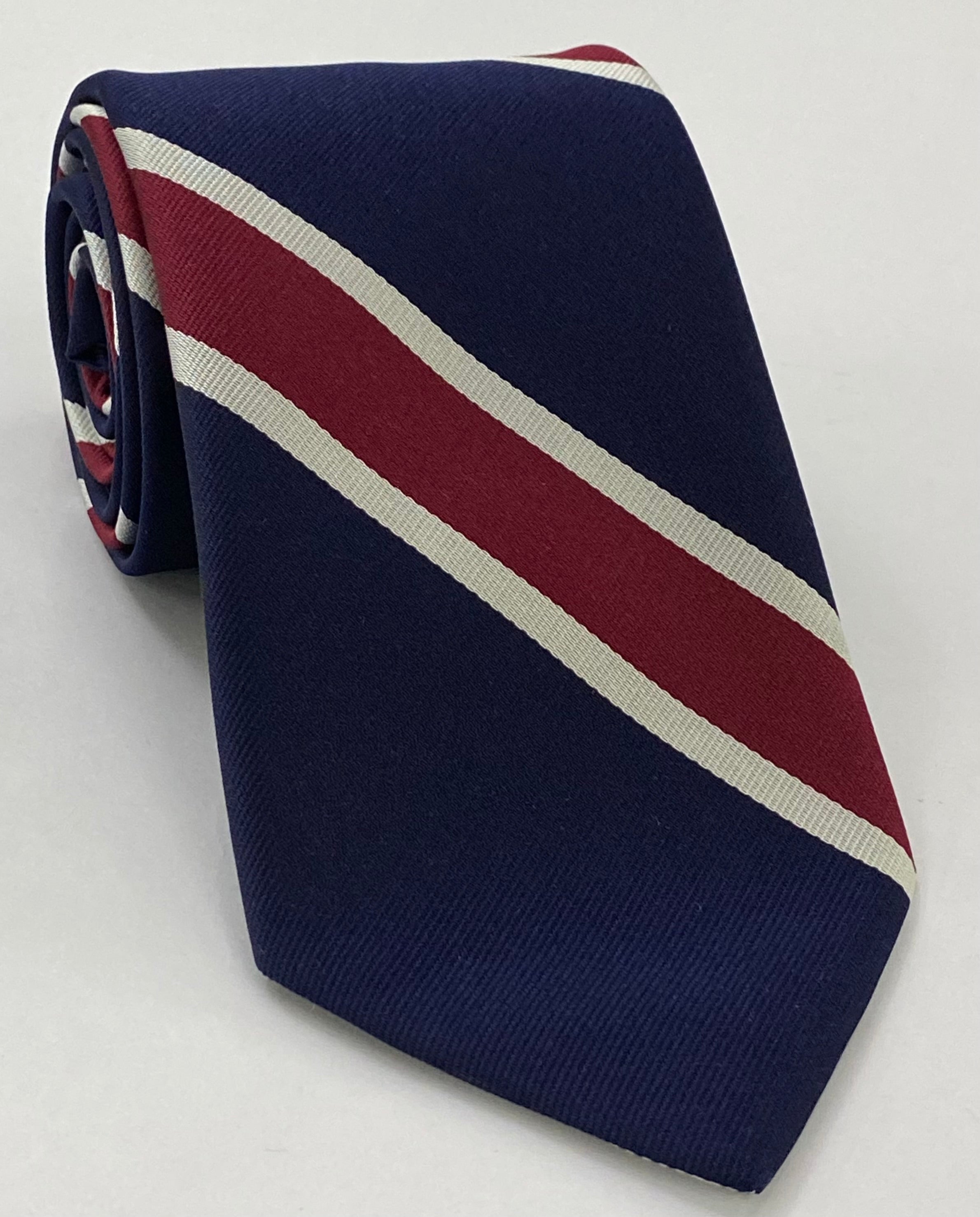 네이비 블루, 버건디 & 화이트 레페 스트라이프 실크 타이 RST-3