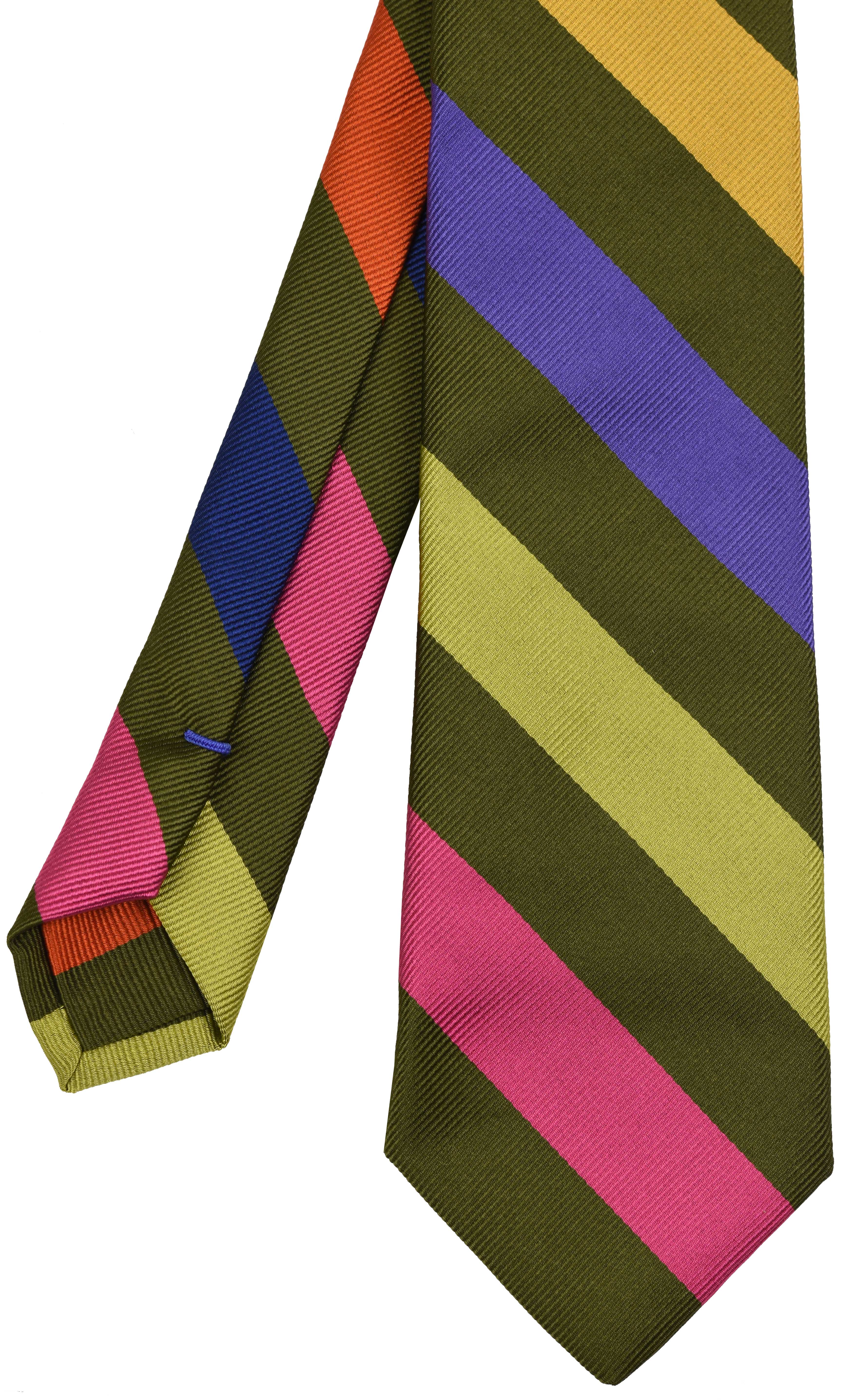 {[en]:Yellow Gold, Lavender, Young Leaf  Green, Fuchsia & Orange on Olive Green Reppe Stripe Silk Tie
